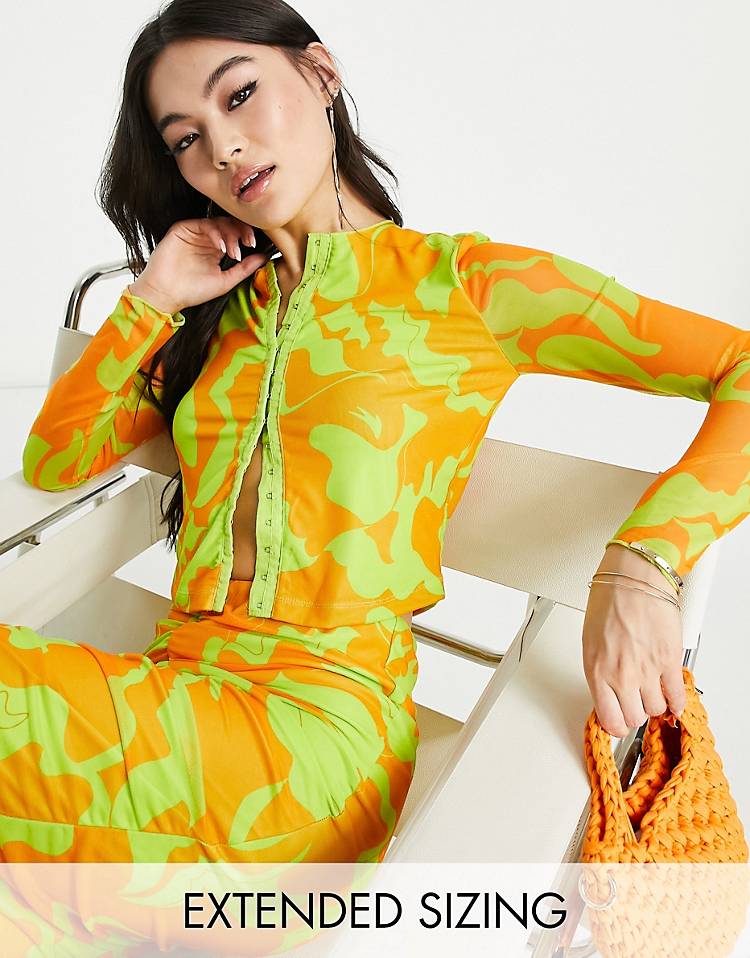 Vero Moda X Joann Van Den Herik mesh ruched midi skirt set in orange and lime
